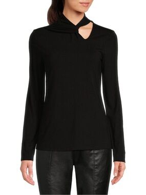 Gibson Latimer Black Cut Out Twist-Neck Long Sleeve Knit Top
